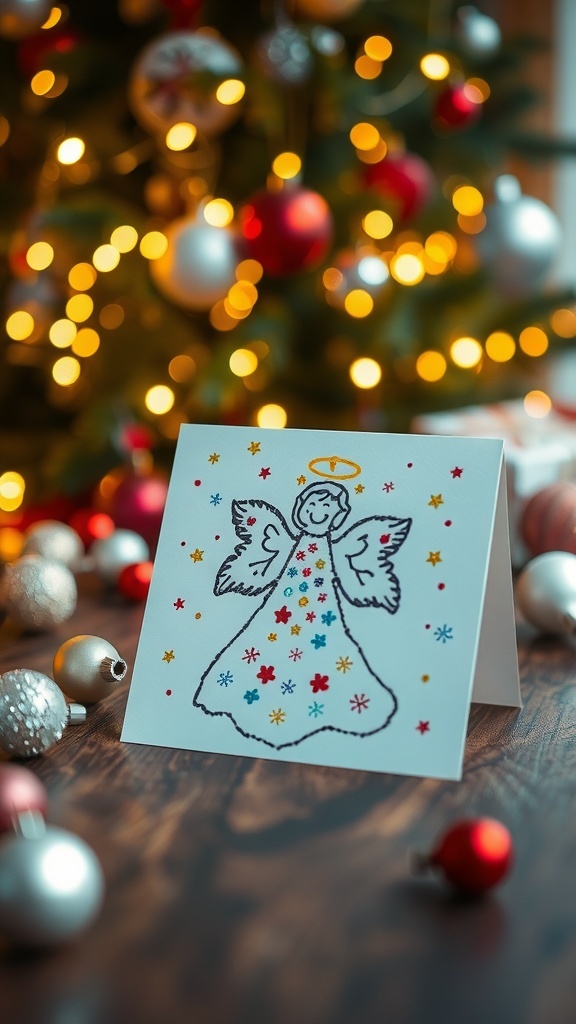A handmade Christmas card with an angel design, decorated with glitter, on a wooden table with holiday ornaments.